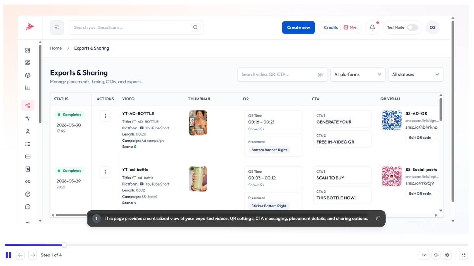 SnapScan Exports & Sharing dashboard displaying exported In-Video QR campaigns, video thumbnails, QR placement settings, CTA messaging, scan performance, QR visuals, and export management options.