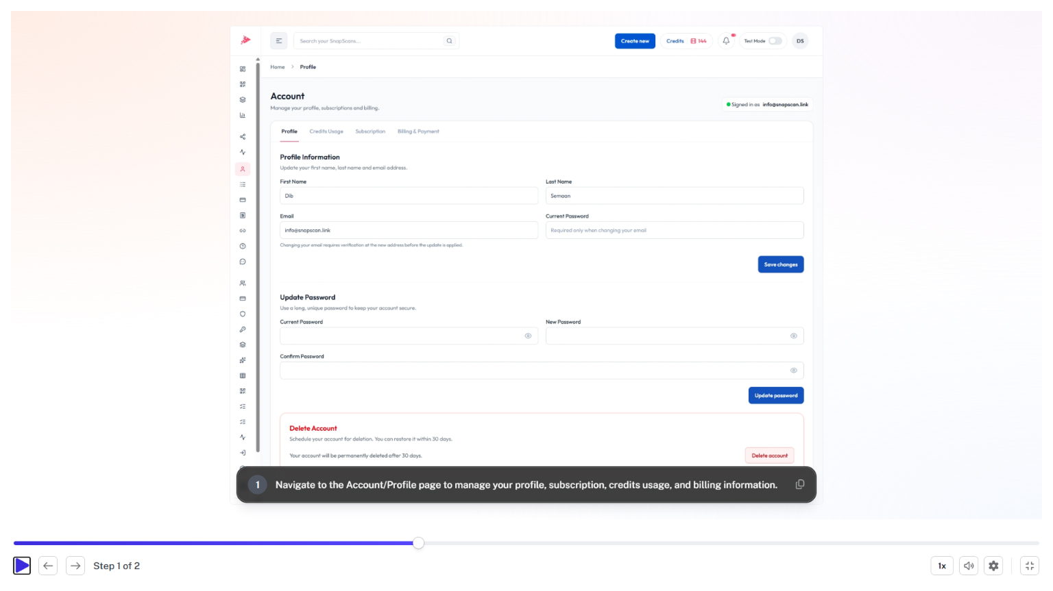 SnapScan account profile page showing profile information, email settings, password update options, subscription management, billing details, credit usage, and account deletion controls.