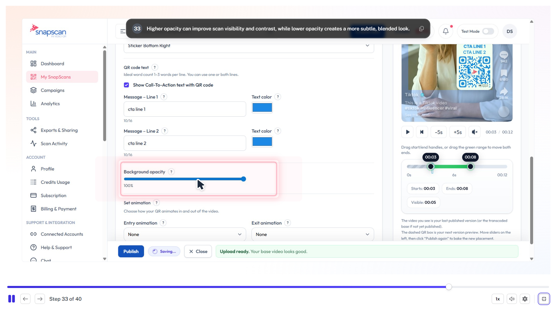 SnapScan tutorial cover: A 5-minute, 40-step walkthrough guide on how to create, customize, and publish your first In-Video QR code for social commerce