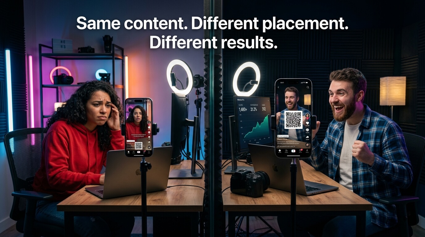 Split-screen of two creators posting the same short-form video: one with a poorly placed QR code frustrated by low conversions, the other with a well-placed QR code celebrating high conversion results — showing how QR placement affects performance.