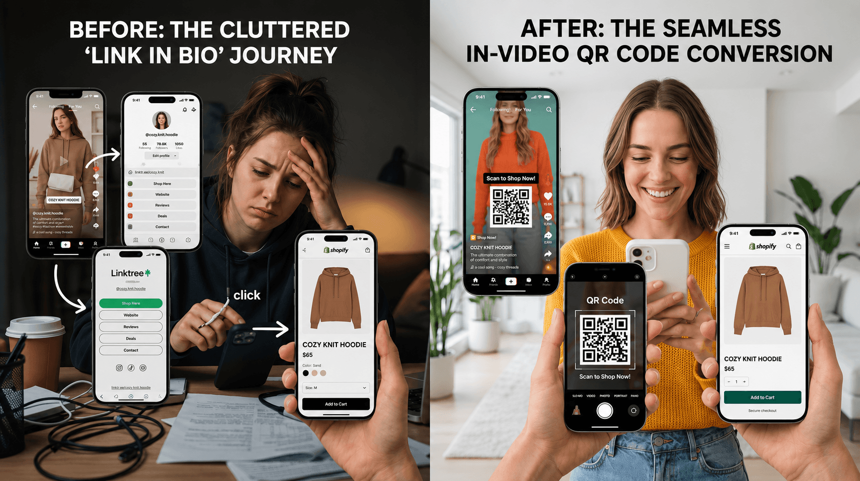 Before/after comparison: frustrated woman clicking through multiple screens (TikTok, profile, Linktree) to shop, vs. smiling woman scanning an in-video QR code straight to the product page with Add to Cart
